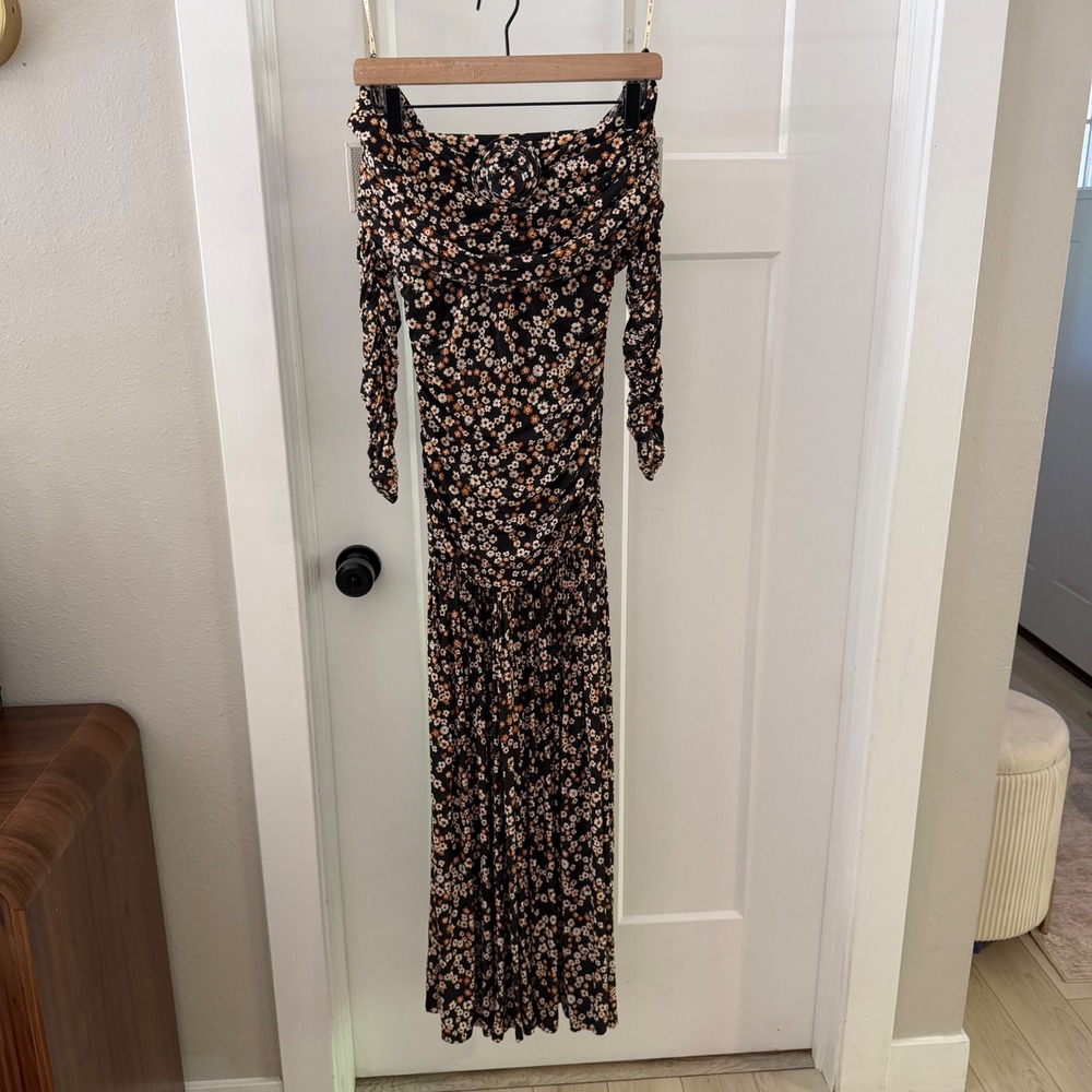 Farm Rio Tiny Flowers Off The Shoulder Ruched Maxi Dress Black Floral XS Boho